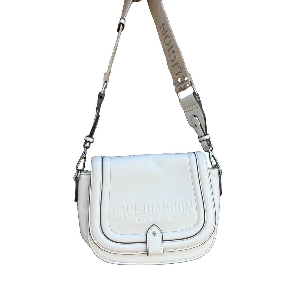True Religion Beige Logo Crossbody Bag, Adjustable Strap, Zip/Magnetic Close